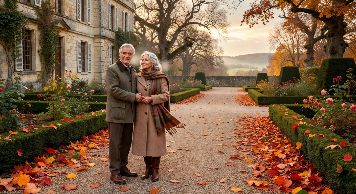 Couple de cinquantenaires se promenant le long des remparts d'une ville du Nord