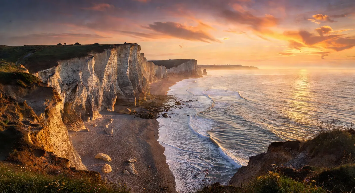 Vue du front de mer de Calais avec le phare au coucher du soleil