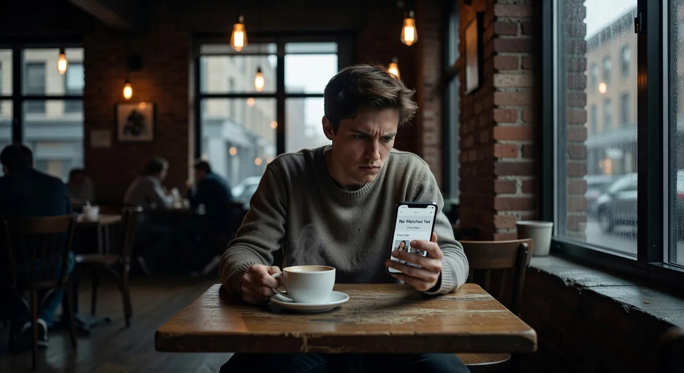 Personne perplexe devant son telephone en consultant un site de rencontre