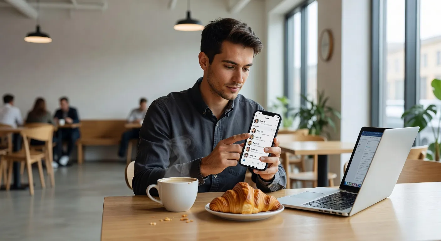Personne consultant un site de rencontre sur son telephone dans un cafe du Nord