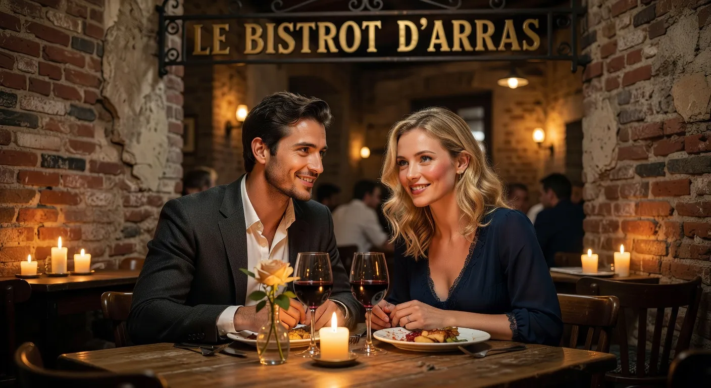 Couple attable dans un restaurant avec vue sur la Grand-Place d'Arras illuminee