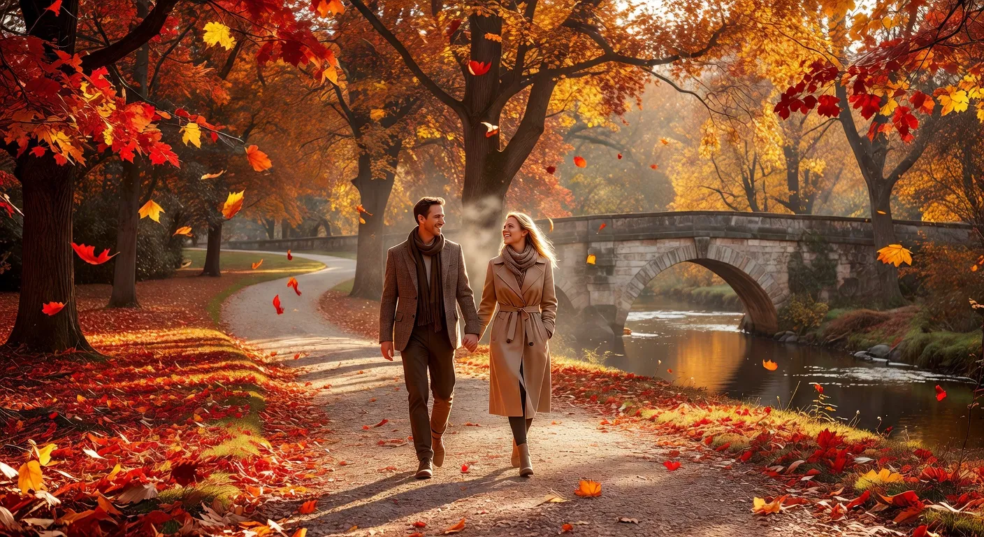 Couple mature marchant main dans la main dans un parc des Hauts-de-France