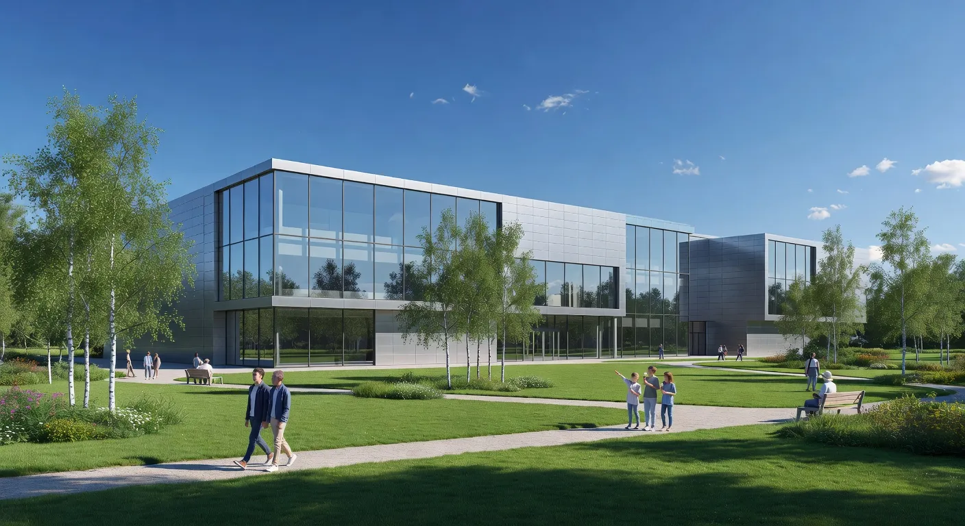 Le Louvre-Lens au crepuscule avec des visiteurs sur l'esplanade