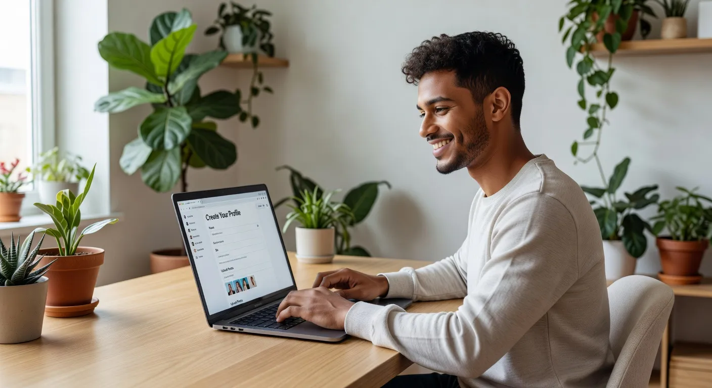 Personne redigeant son profil de rencontre sur un ordinateur portable dans un cafe